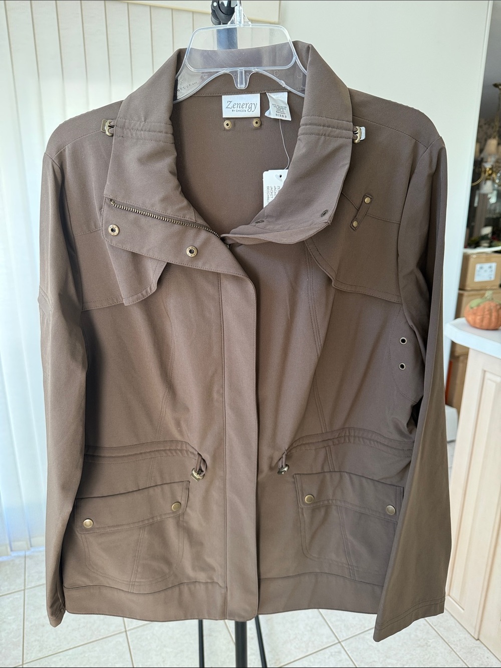 Zenergy by Chico's Taupe Utility Jacket with Snap Pockets
